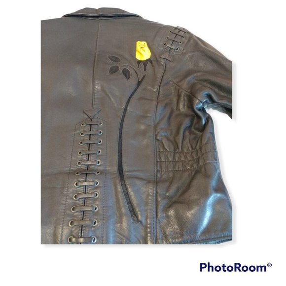 Women's 40/12 (Large L) Harley-Davidson Leather Jacket Raised Yellow Rose - Picture 2 of 11
